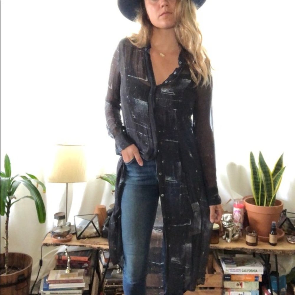 JNBY Silk Sheer Longline Sheer Duster Buttondown Shirt Abstract Print size Small
